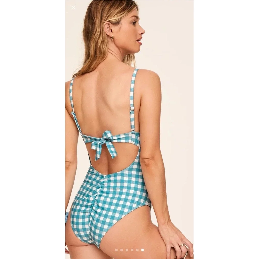 Adore Me Gingham One Piece Swimsuit 0X‎ Blue White Cutout Bow Front NWT Plus